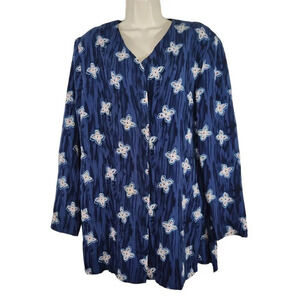 Graver Studio Blue Floral Button Up Top Women Size L Long Sleeve V-neck